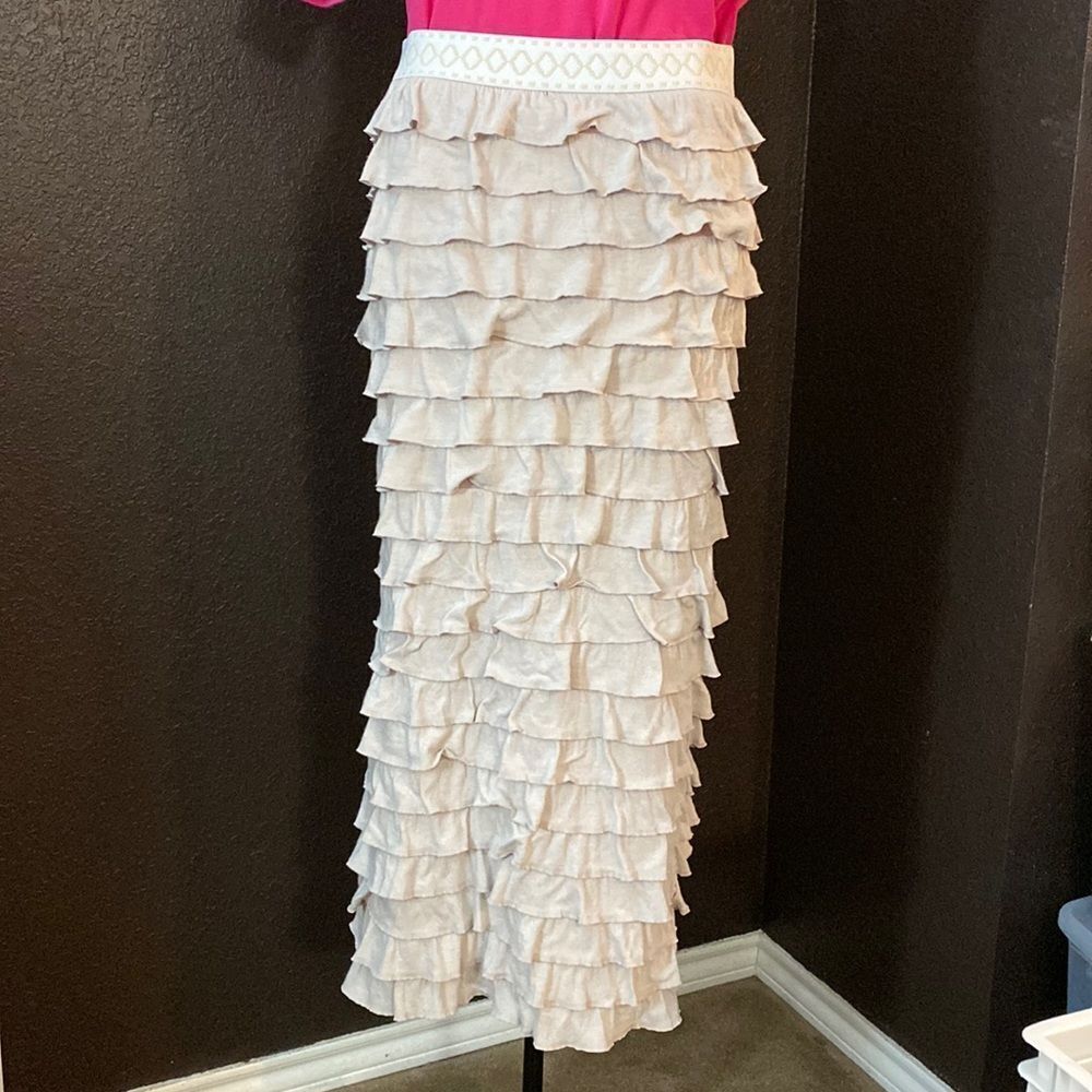 TAN beige knit stretch layered ruffle fitted maxi skirt